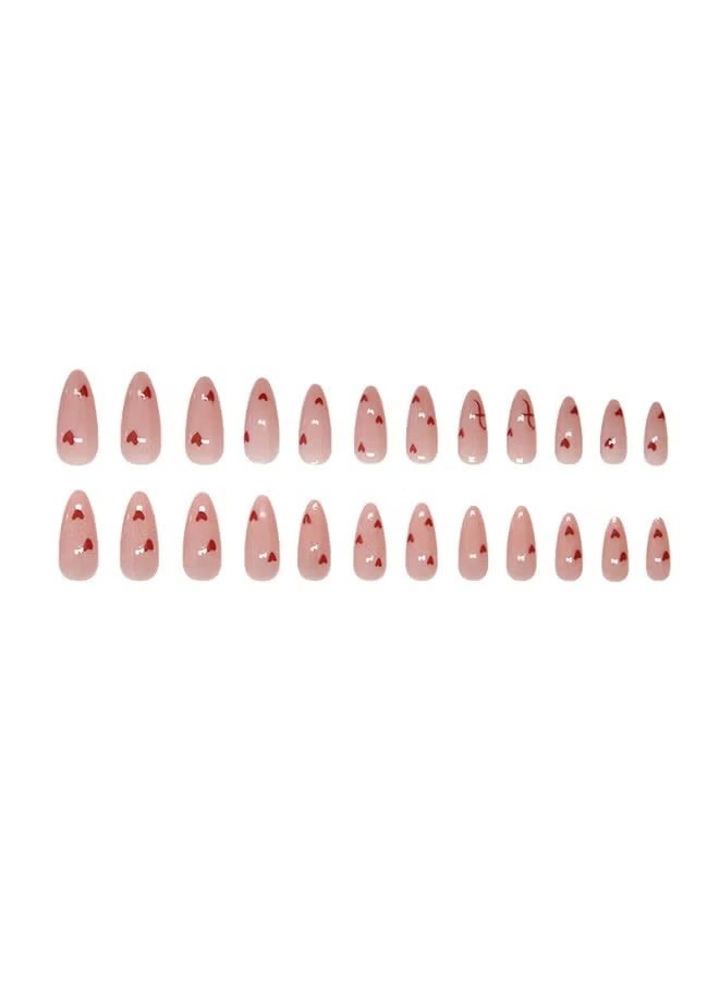 KHAJUL 24 Pcs Lovely Heart Press on Nails Short Medium Fake Nails with Glue Nude Pink False Nails Almond Shape Nails Reusable Stick on Nails Full Cover Artificial Nails for Women Nail Art - Image 2